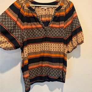 LOFT Striped Peasant Blouse in Black and Tan